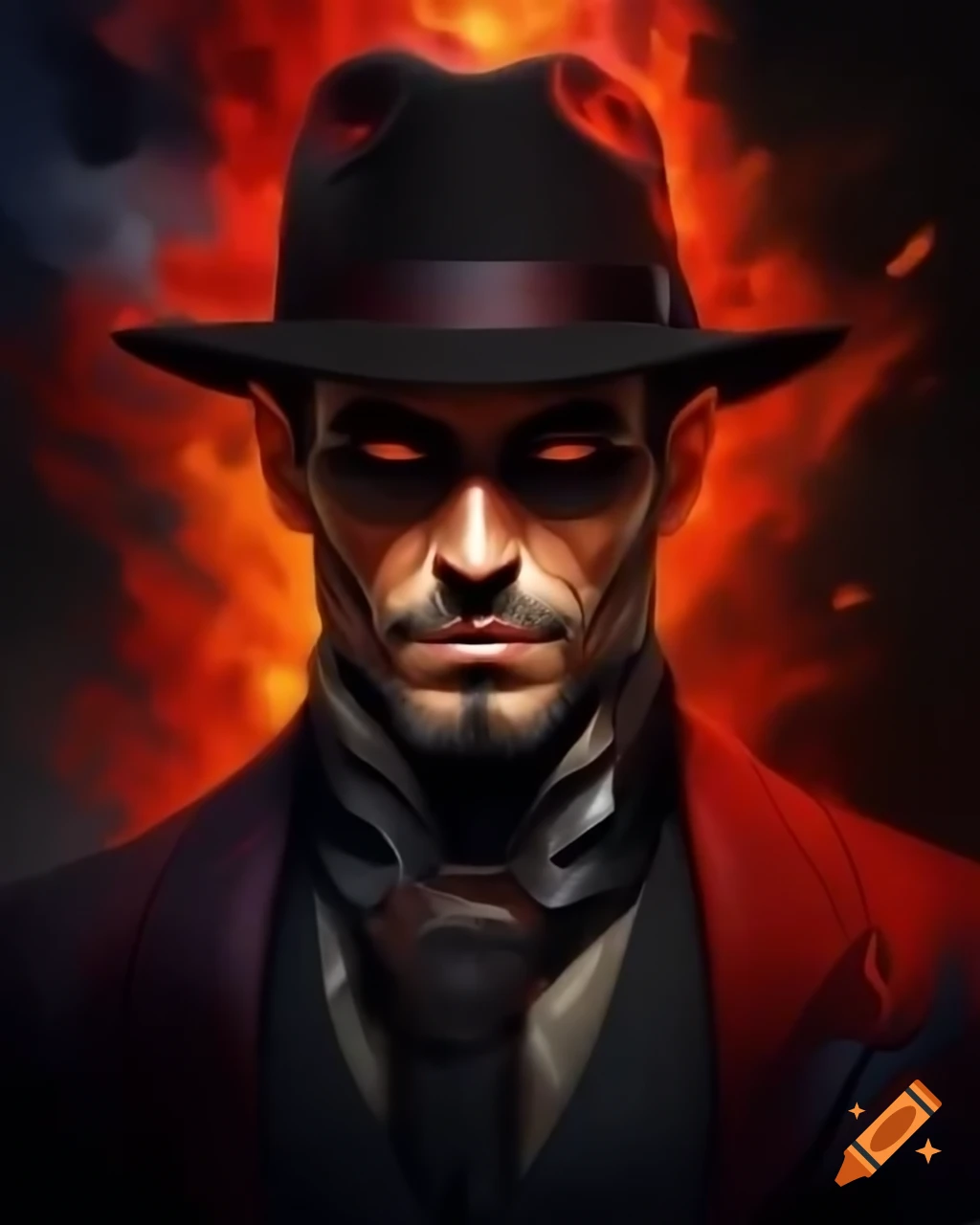 Portrait of Exu Veludo with black and red suit, luxurious chain, and black fedora against an infernal background