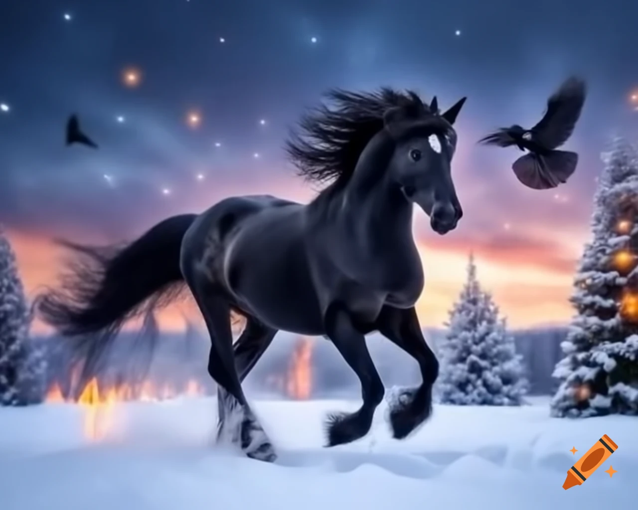 Black unicorn charging across snowy field with fire at hooves and decorated Christmas tree in background