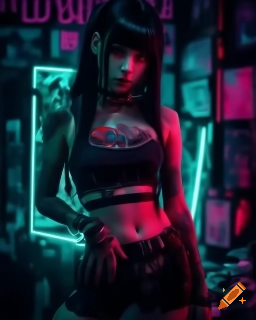 Punk-inspired young woman in dystopic fashion, lowrise pants and crop top