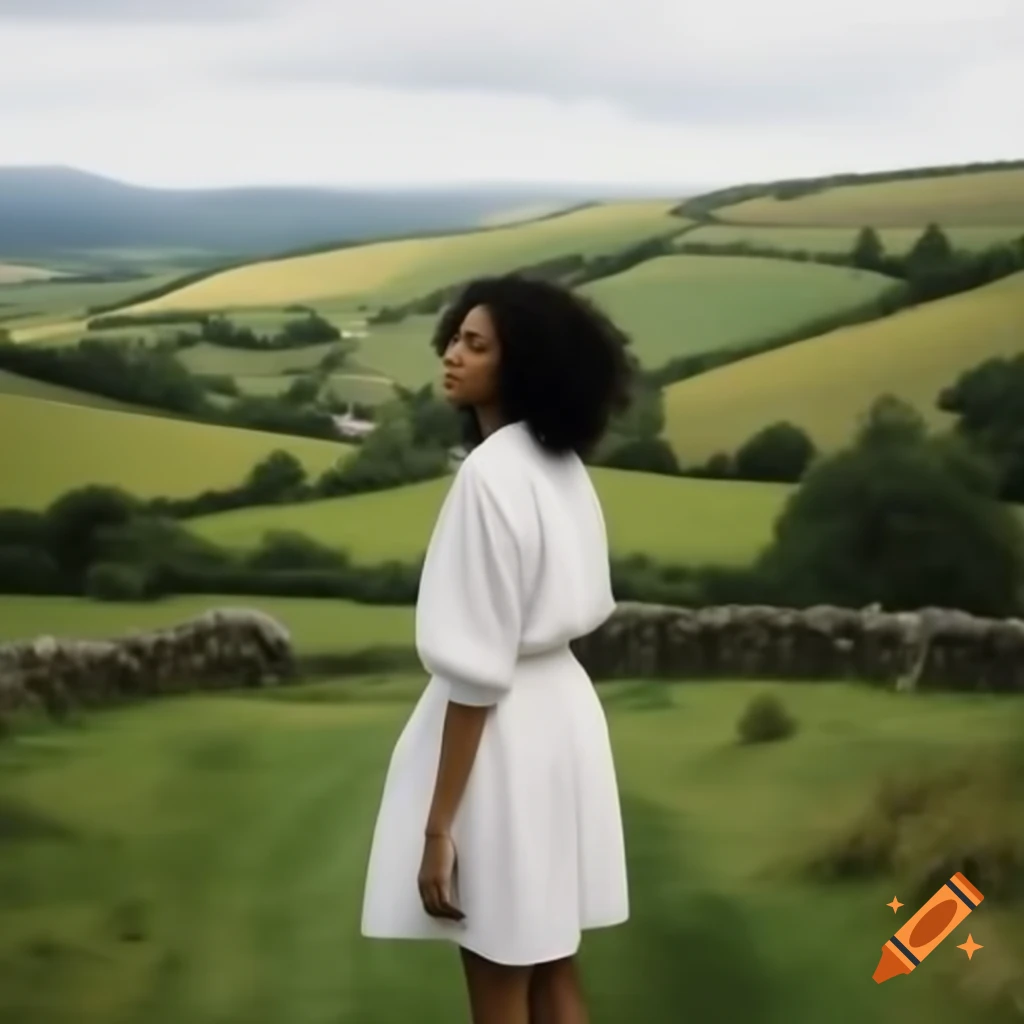 Woman in white dress inside countryside cottage