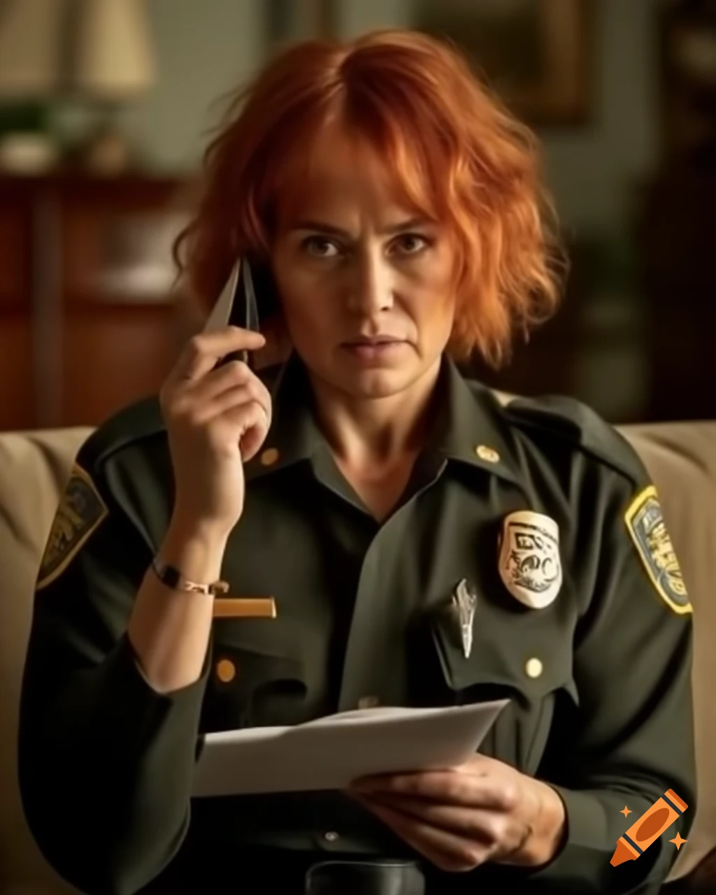 French police officer taking notes at crime scene in dusty living room, hyper-realistic portrait