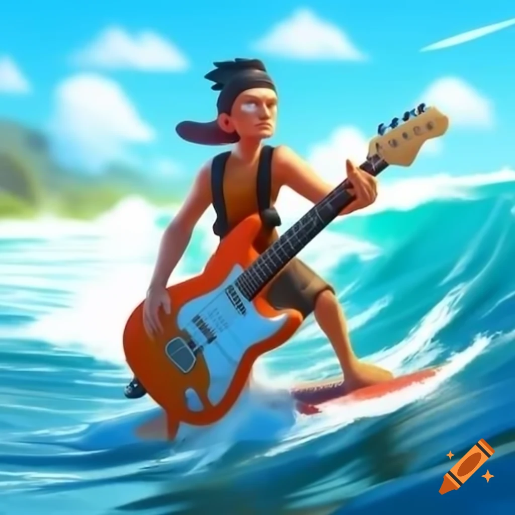 Electric guitar player surfing through the universe