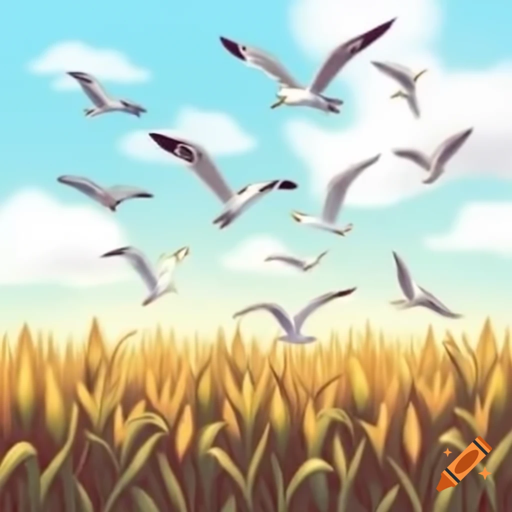 Seagulls flying over corn field