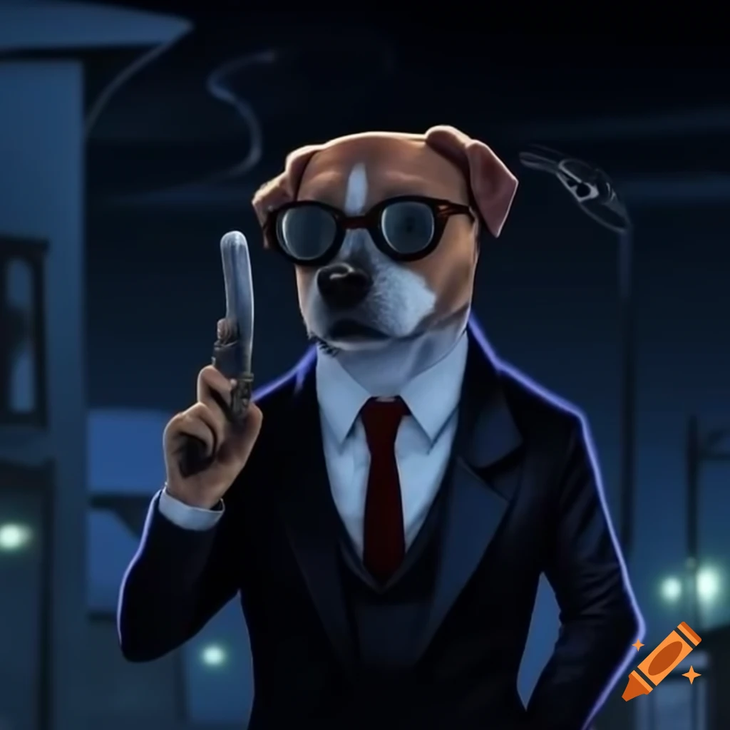 Dog in suit with sunglasses, holding a gun and cigar at night