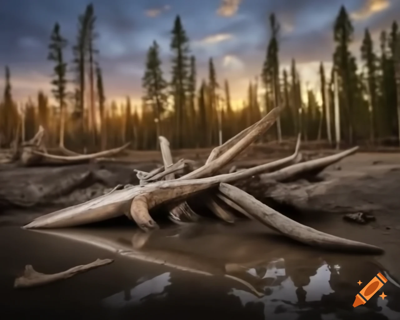 Striped Hadrosaurus roaming on mudflat with driftwood in British Columbia