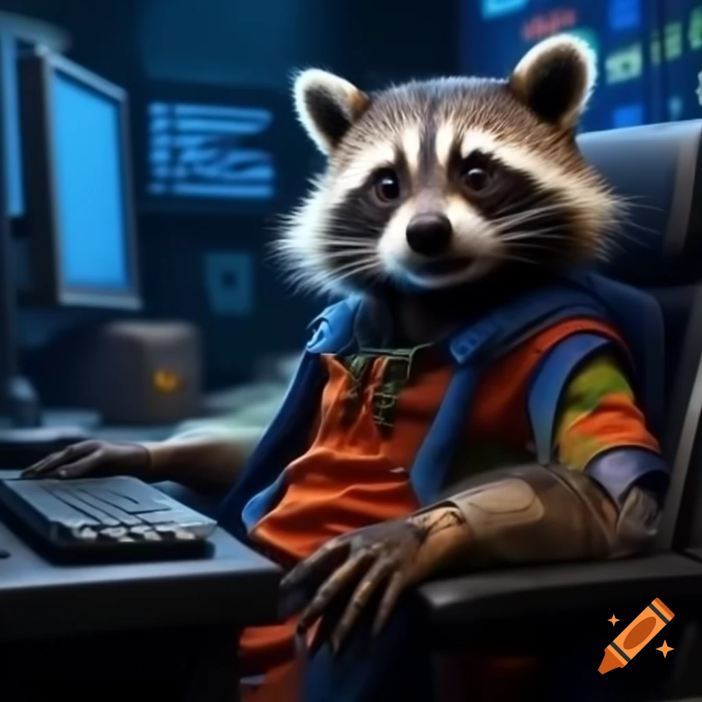 Raccoon using computer in cyber room with shares and bitcoin in background