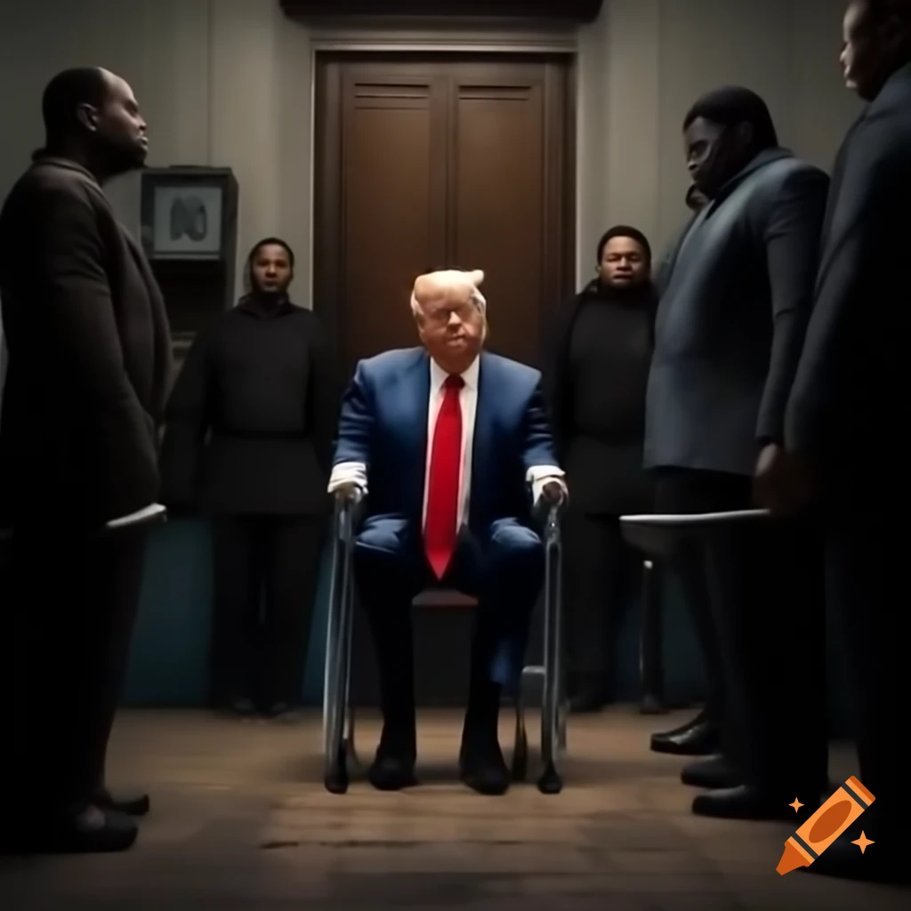 Satirical depiction of a frail character resembling Donald Trump in a courtroom setting