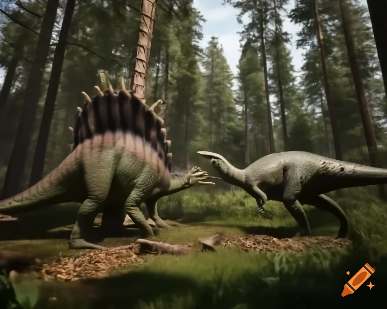 Two Stegosaurus engaged in combat in sunny cedar forest clearing