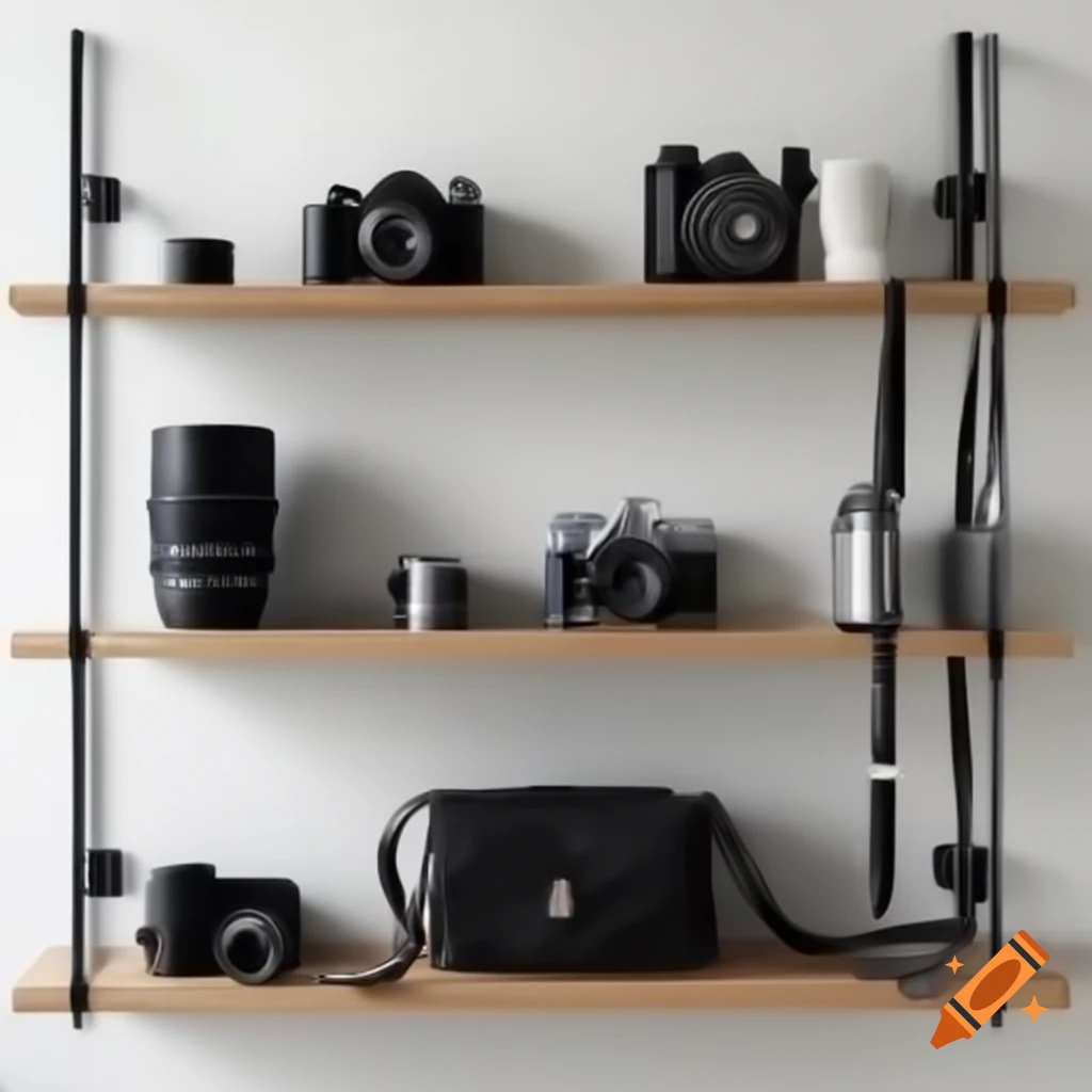 Photography equipment including cameras, lenses, and accessories on shelves