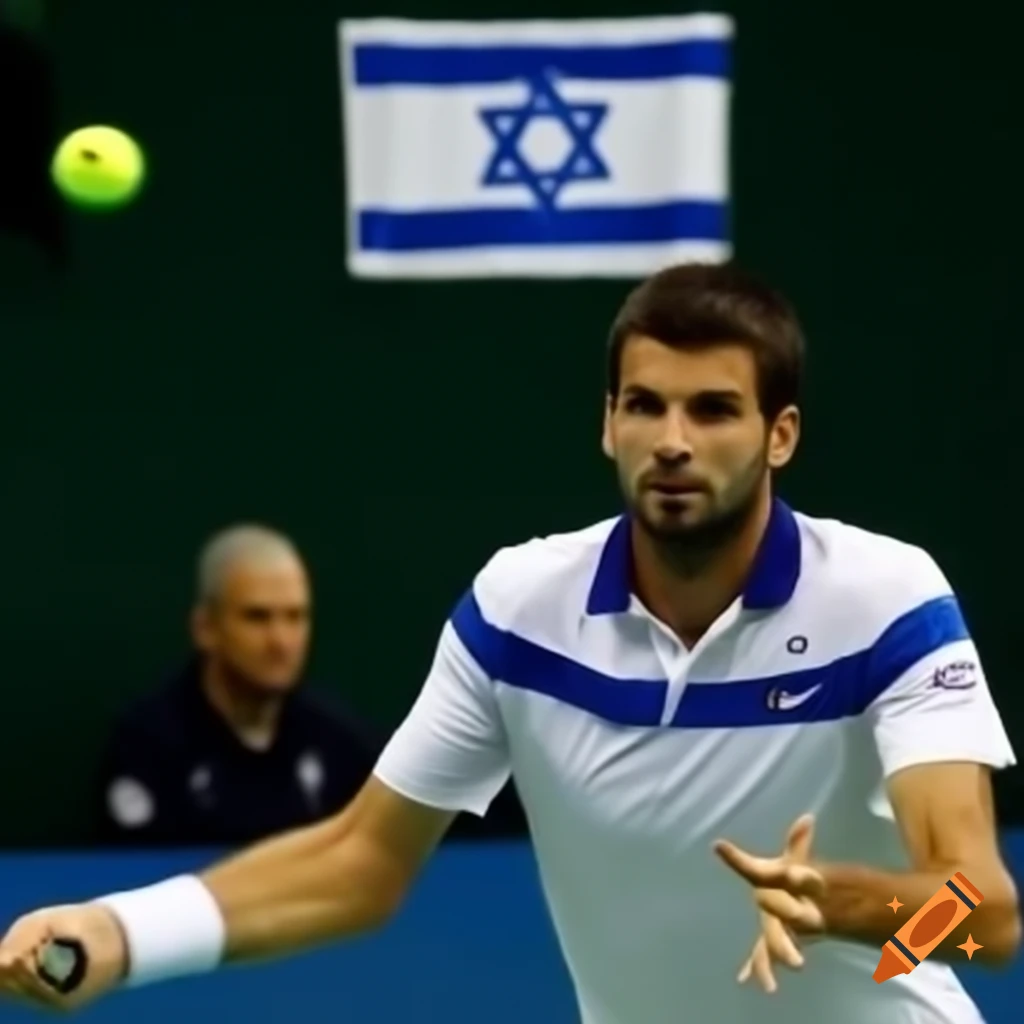 Grigor Dimitrov in action during a tennis match with Israel flag