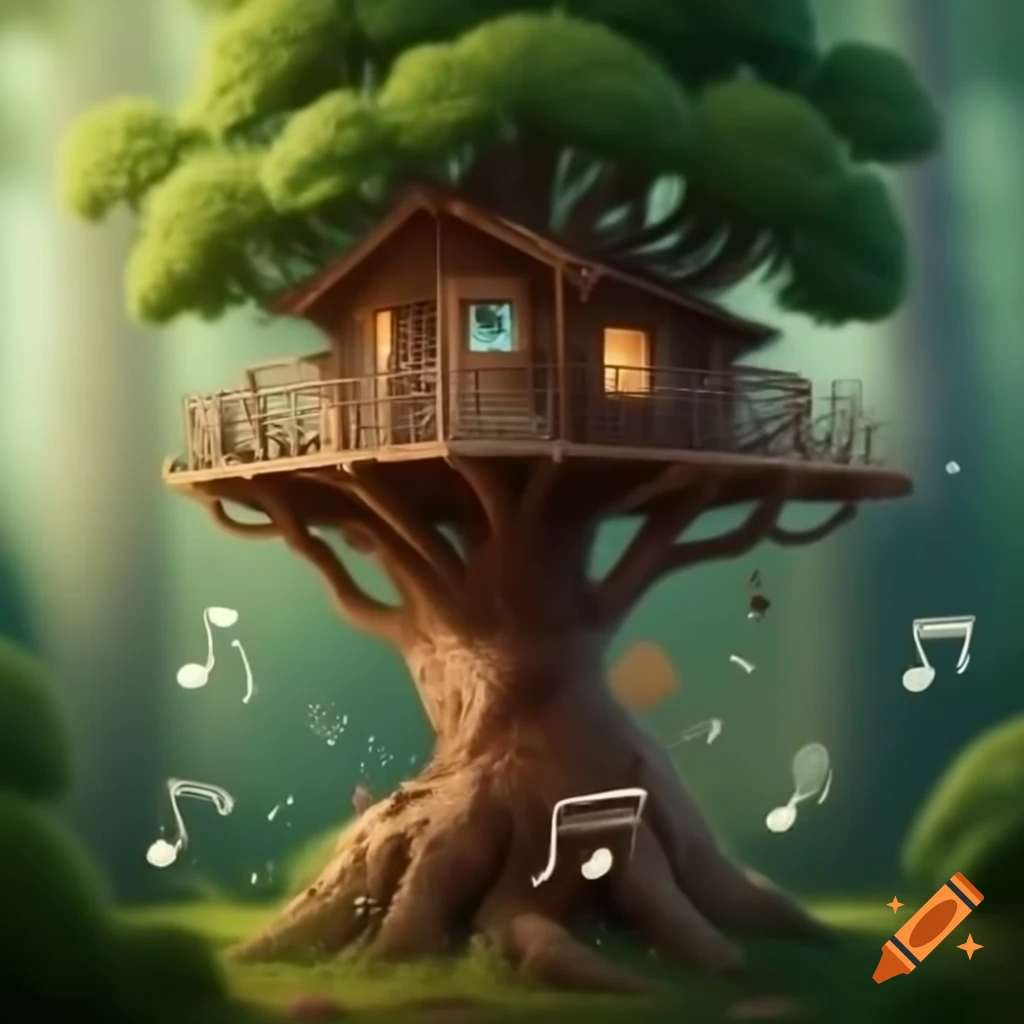 Realistic treehouse with music notes emerging from it