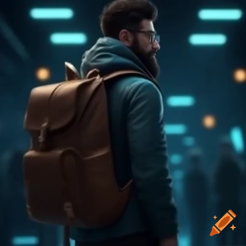 Hipster with backpack in futuristic setting