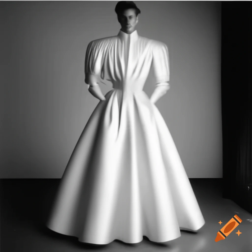 Handsome young man in elegant floor-length white satin gown with lace trim