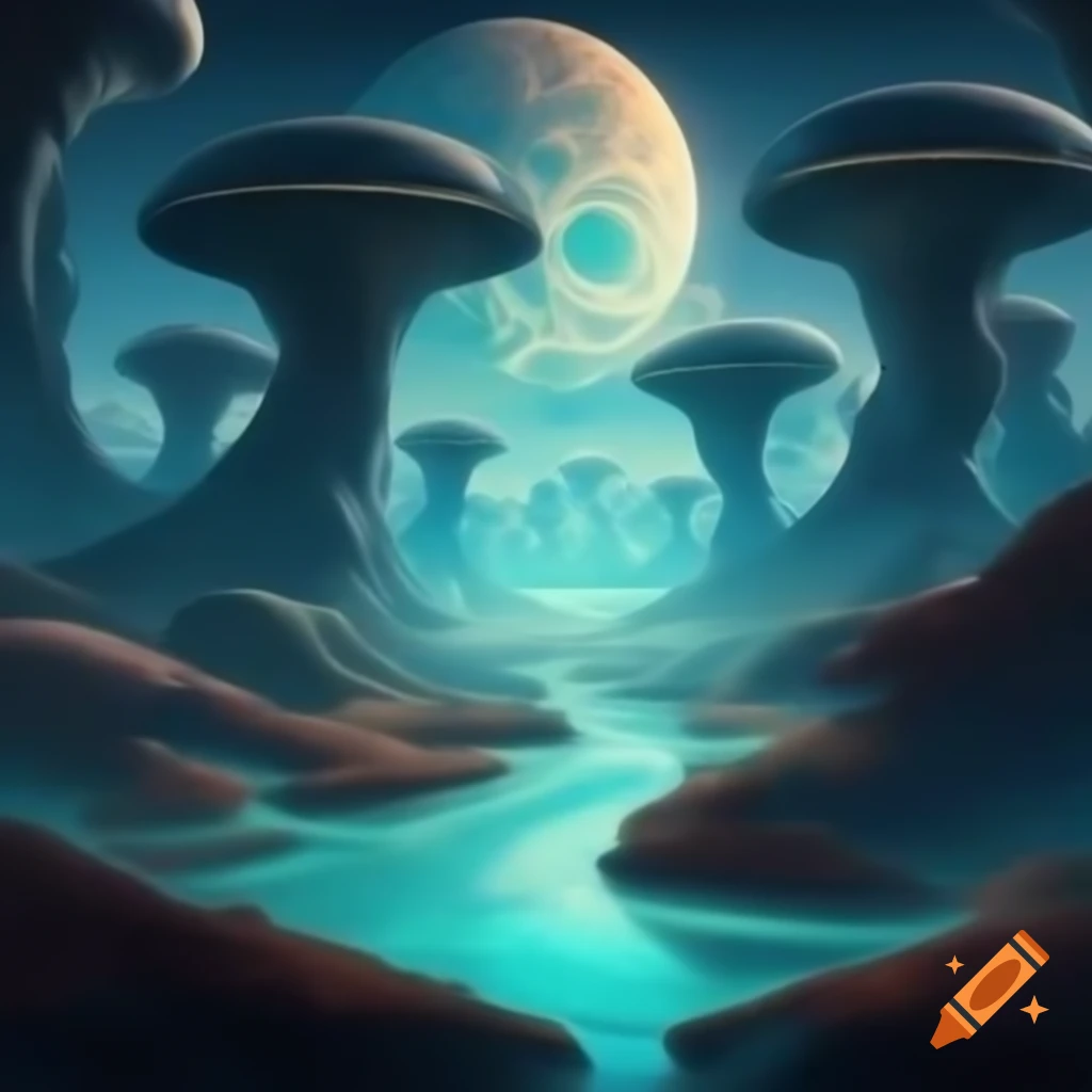 Alien landscape on planet Eldoria with towering bioluminescent plants