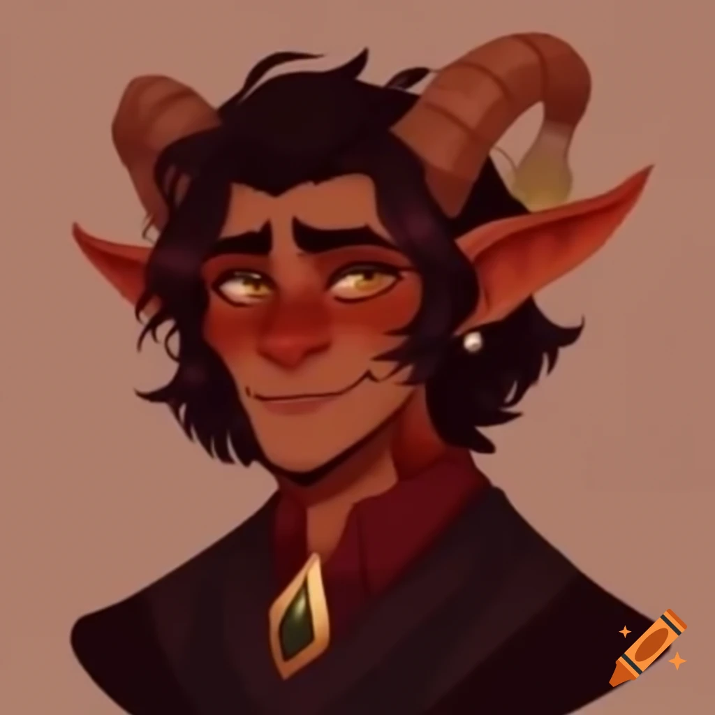 Tiefling male character with burgundy skin, light brown hair, and coiling horns