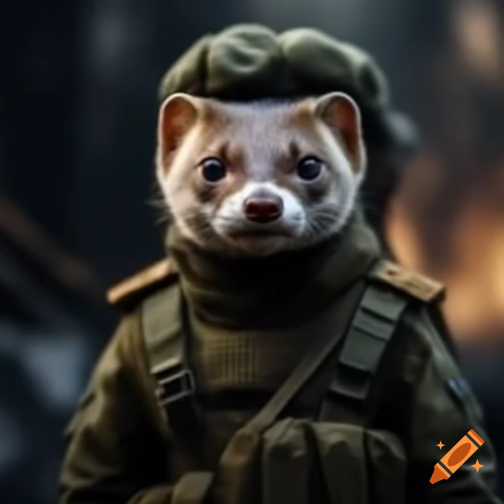 European weasel wearing Ukrainian tactical military uniform