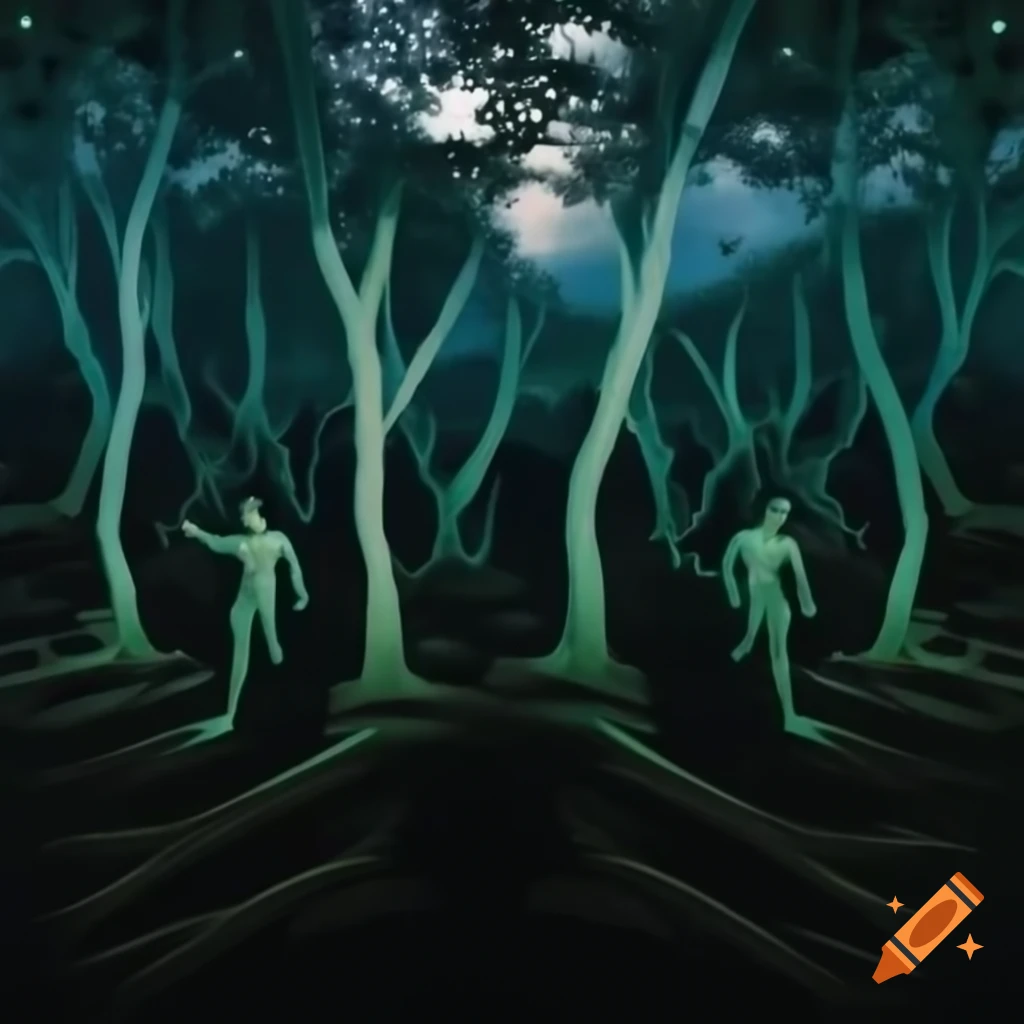 Enchanted forest with sentient trees intertwining against twilight sky