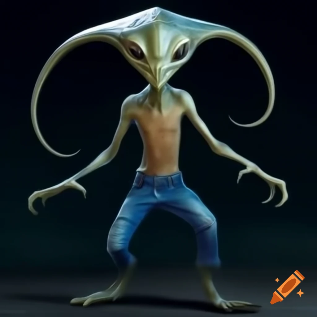 Famous movie alien actor with big head and square face gazing into the camera