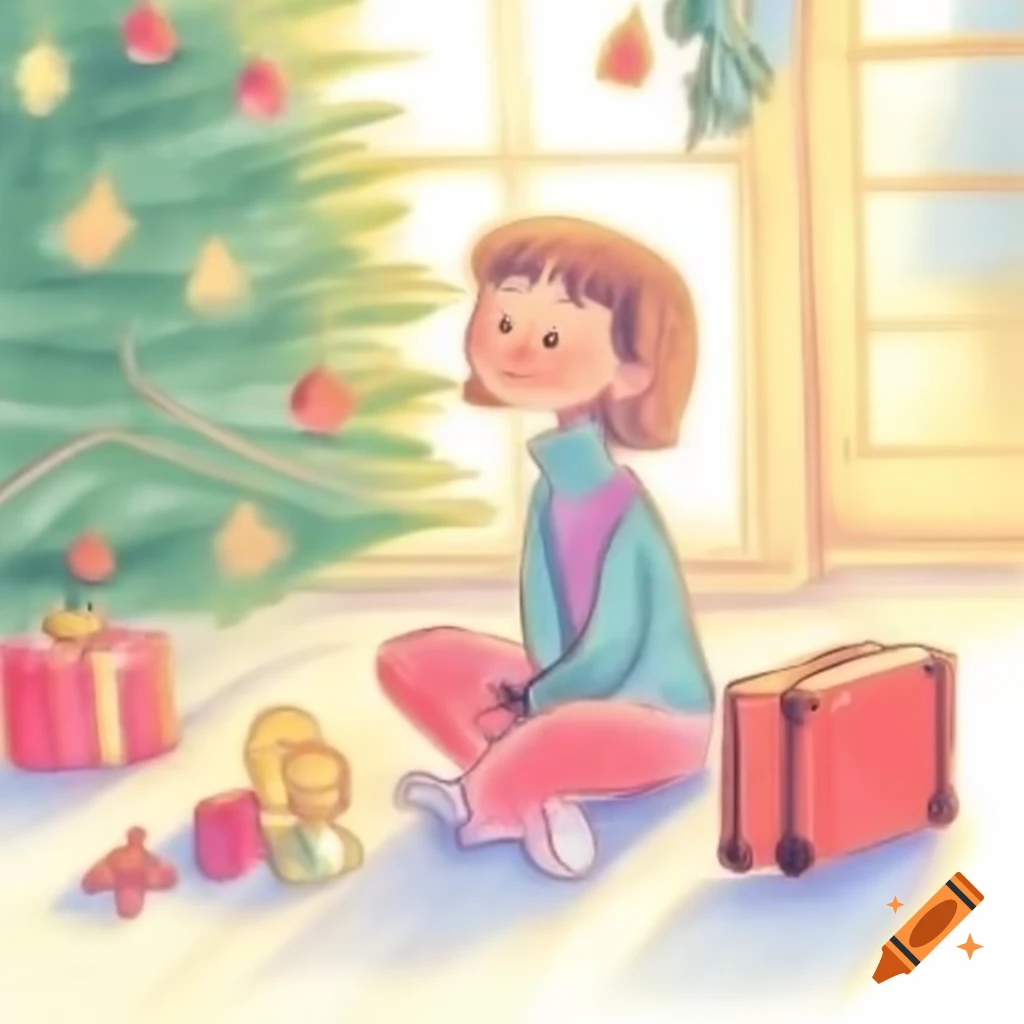 Cartoon girl sitting on floor with Christmas tree toy and suitcase of ornaments