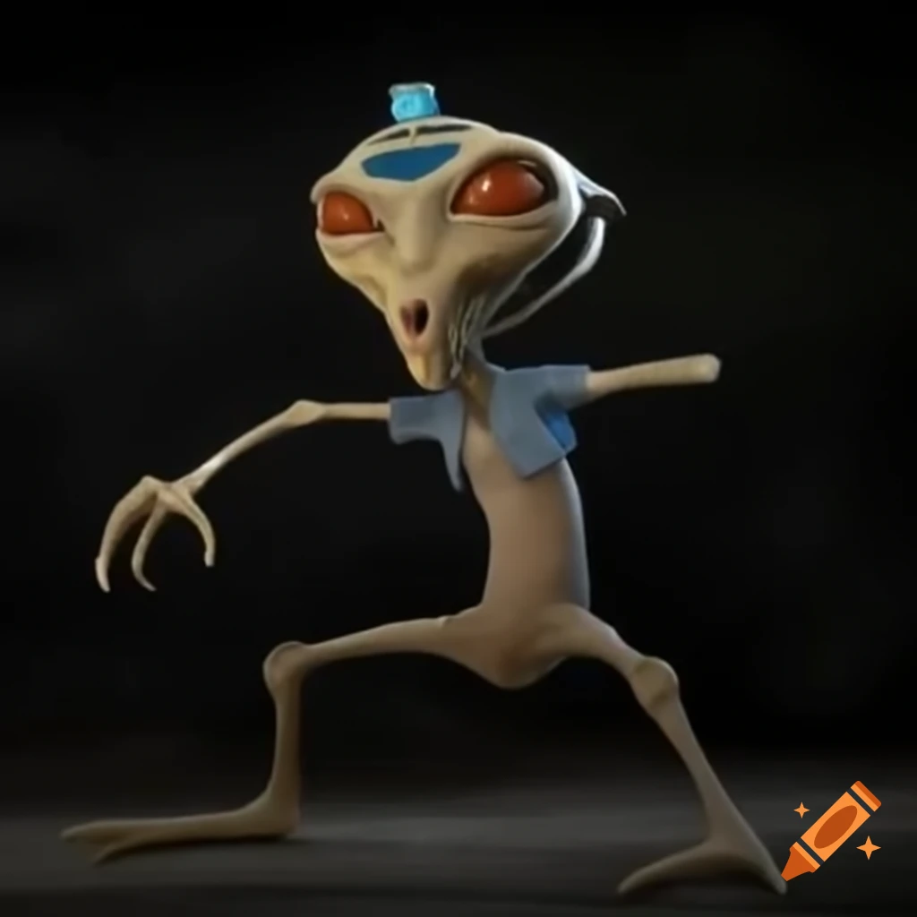 Famous extraterrestrial actor with a big head and square face looking into the camera