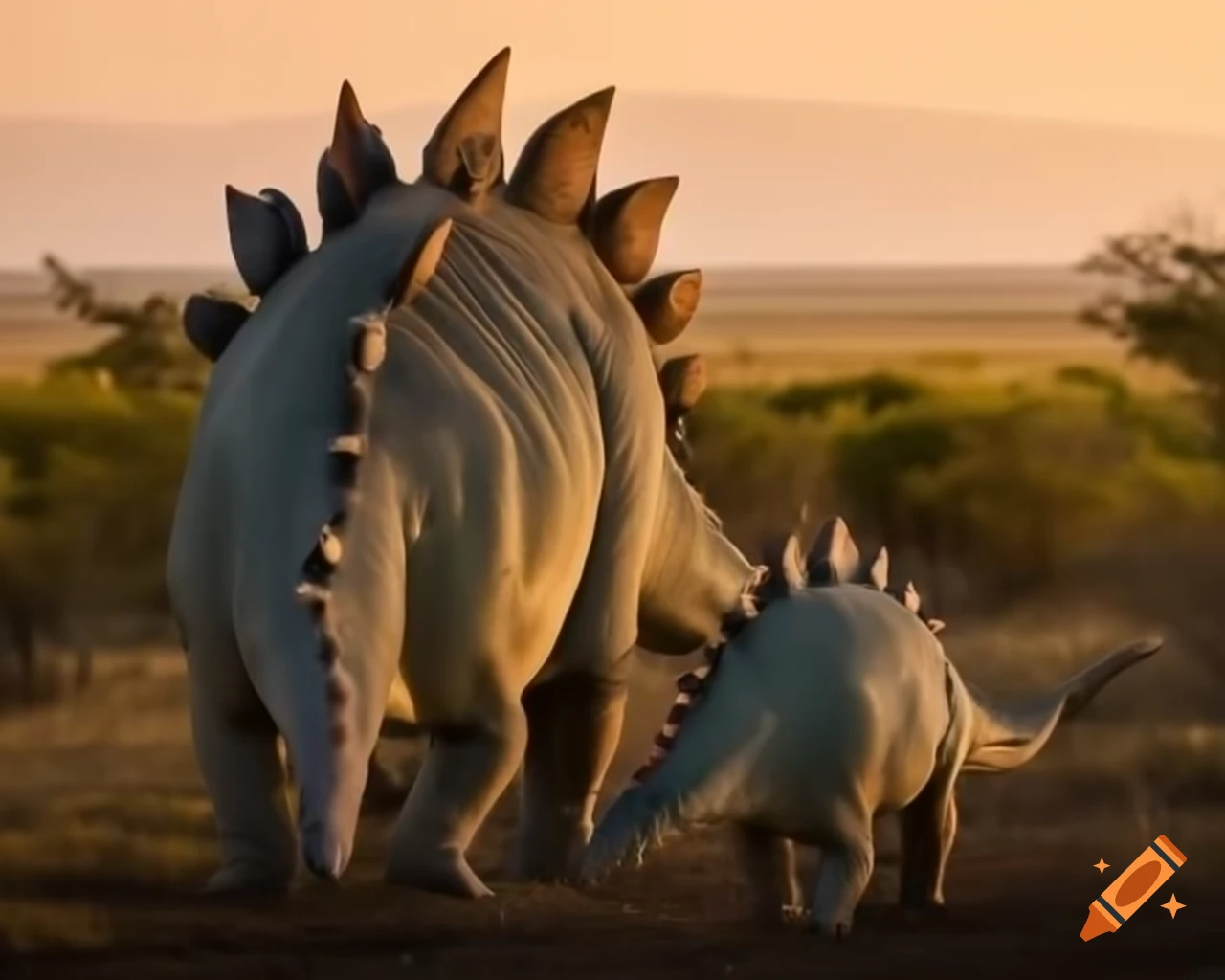 Pair of striped Stegosaurus walking in fern-covered savannah under warm morning light