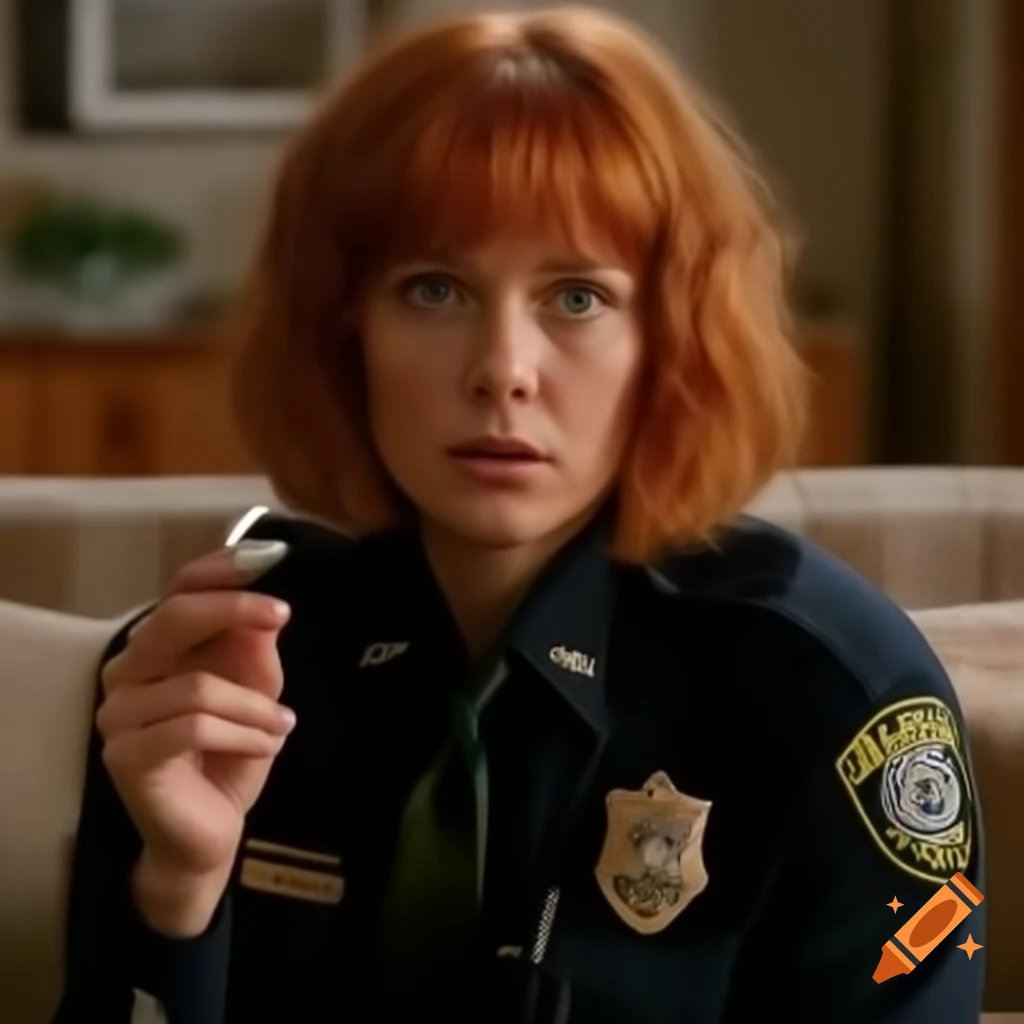 Bored policewoman at crime scene in dusty living room, detailed facial features