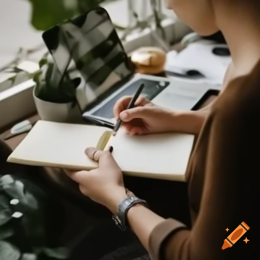 Person writing next to a laptop