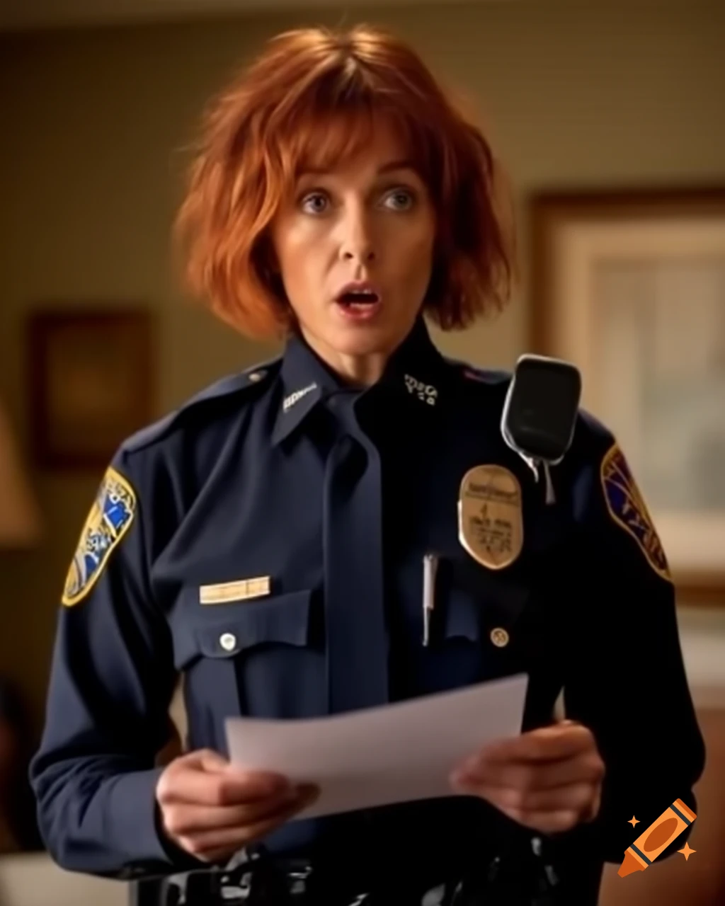 Surprised French police officer with ginger hair taking notes at crime scene