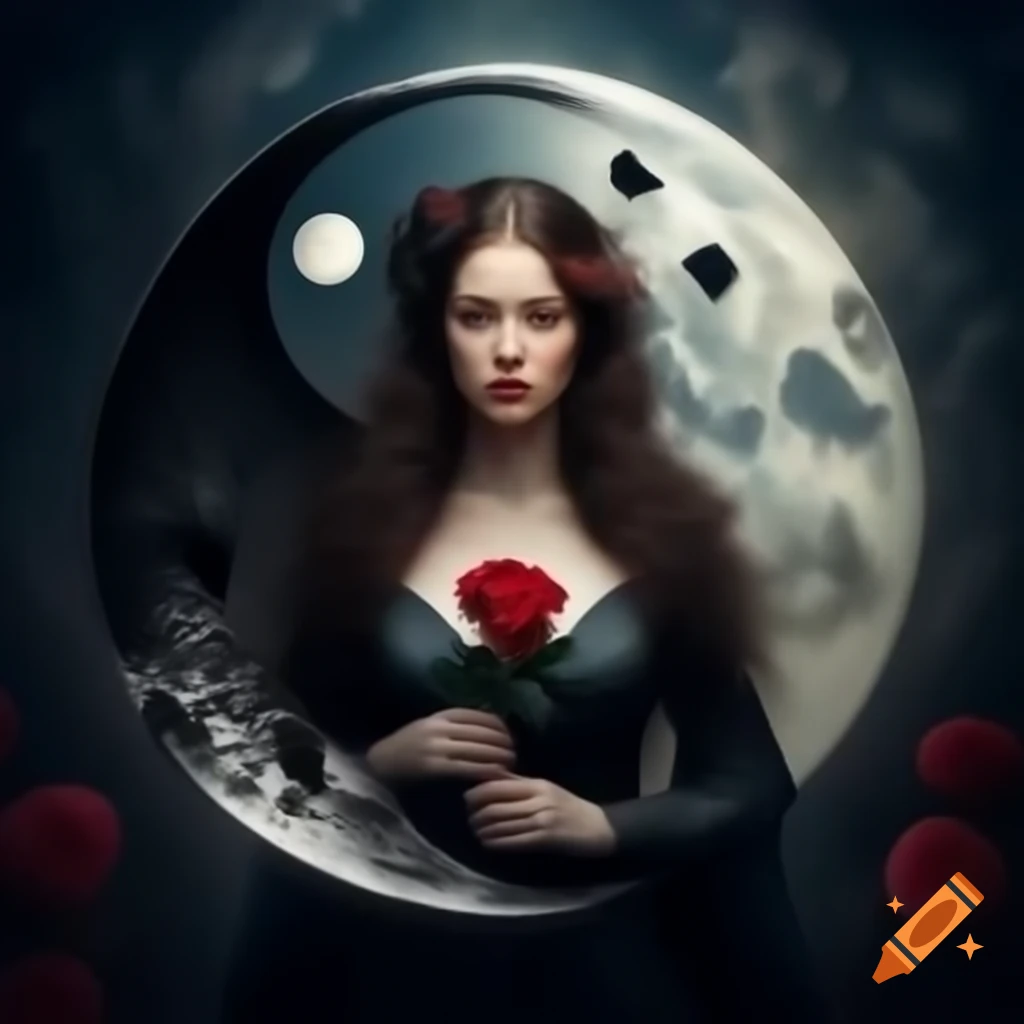 Adult woman with rose in dark dress under yin yang moonlight, photorealistic style