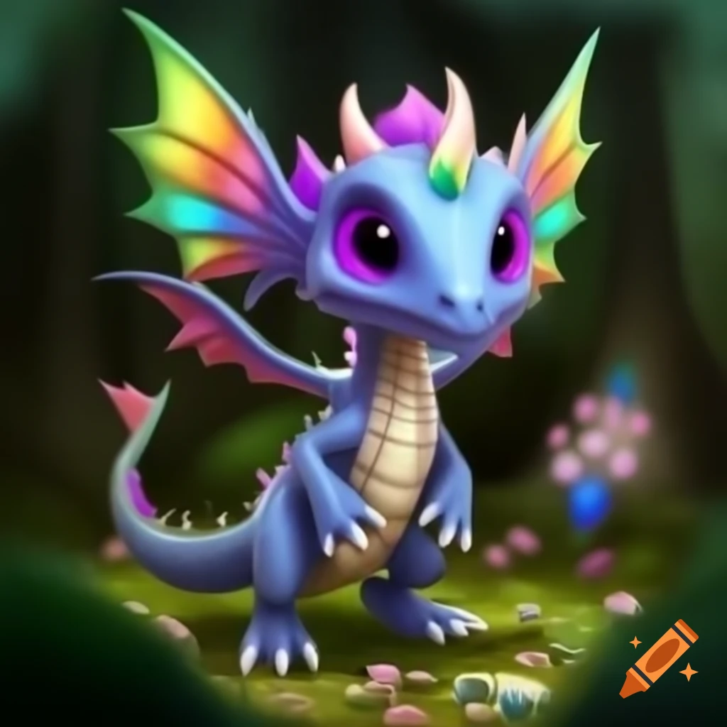 Fantastical creature resembling a dragon with rainbow wings in enchanted forest