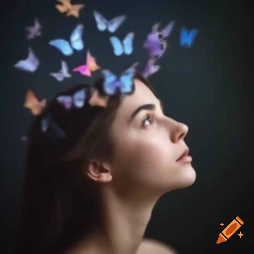 Young woman profile gazing at butterfly in flight