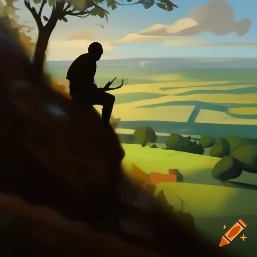 Silhouette of man with bow overlooking wildlife valley from cliff