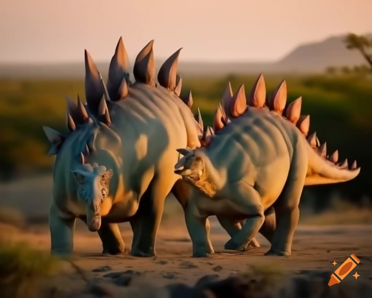 Pair of striped Stegosaurus walking in fern-covered savannah under warm morning light