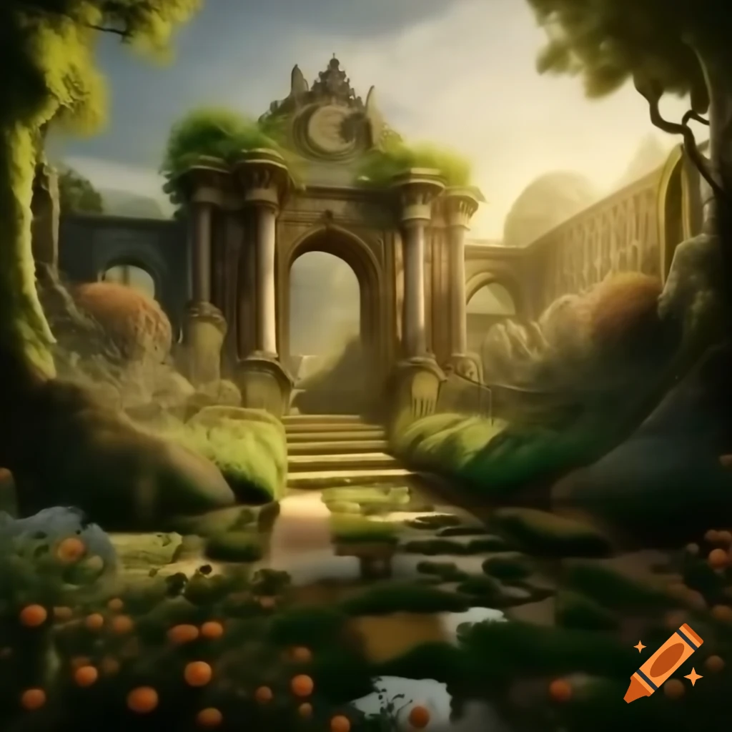 Overgrown Rococo garden in post-apocalyptic world with traces of grandeur