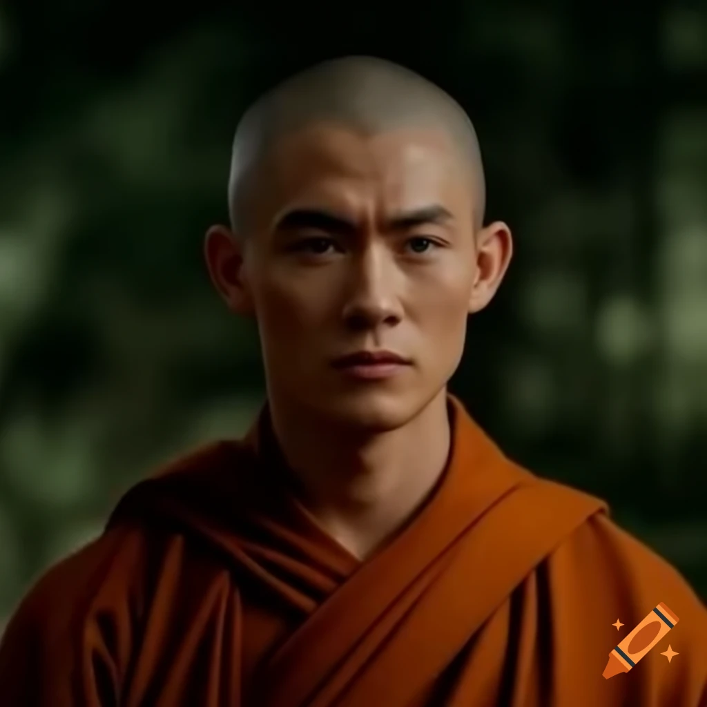 Character resembling Forrest Gump as a monk in serene surroundings