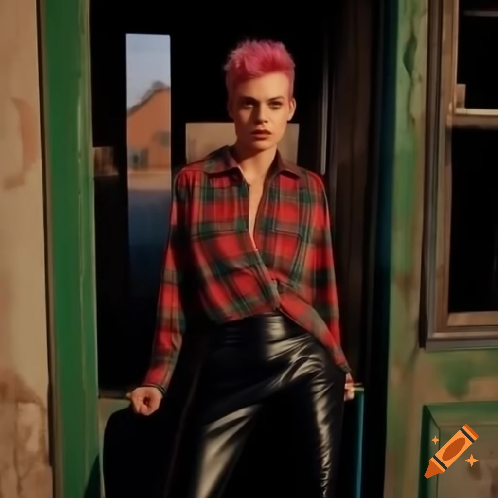 Punk rocker with mohawk hairstyle and plaid shirt in a derelict setting