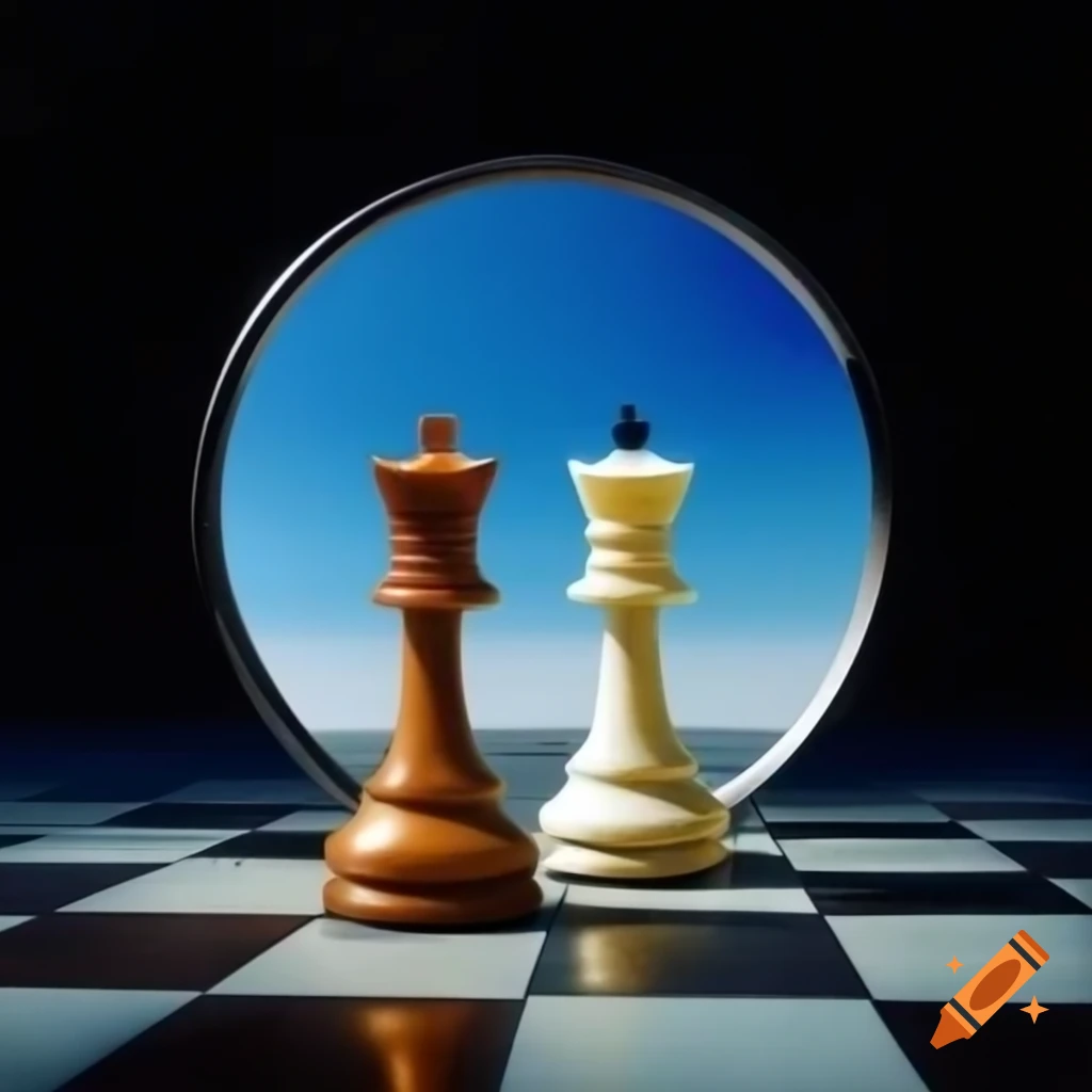Acrylic painting of chess pawn in front of mirror reflecting giant queen