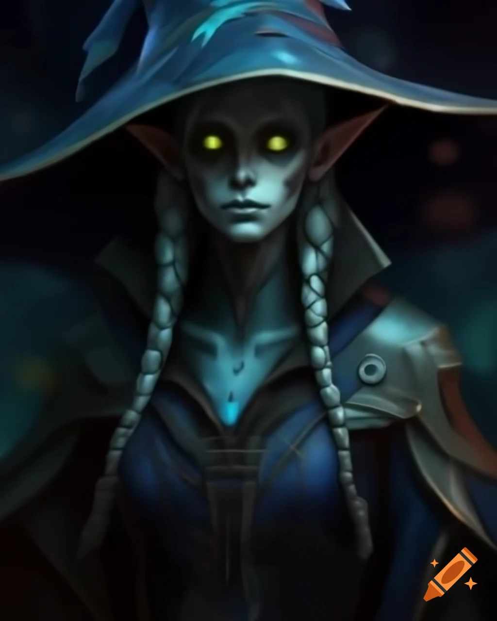 Human or elf figure with preserved face in modern wizard's hat, featuring glowing runes and circuitry