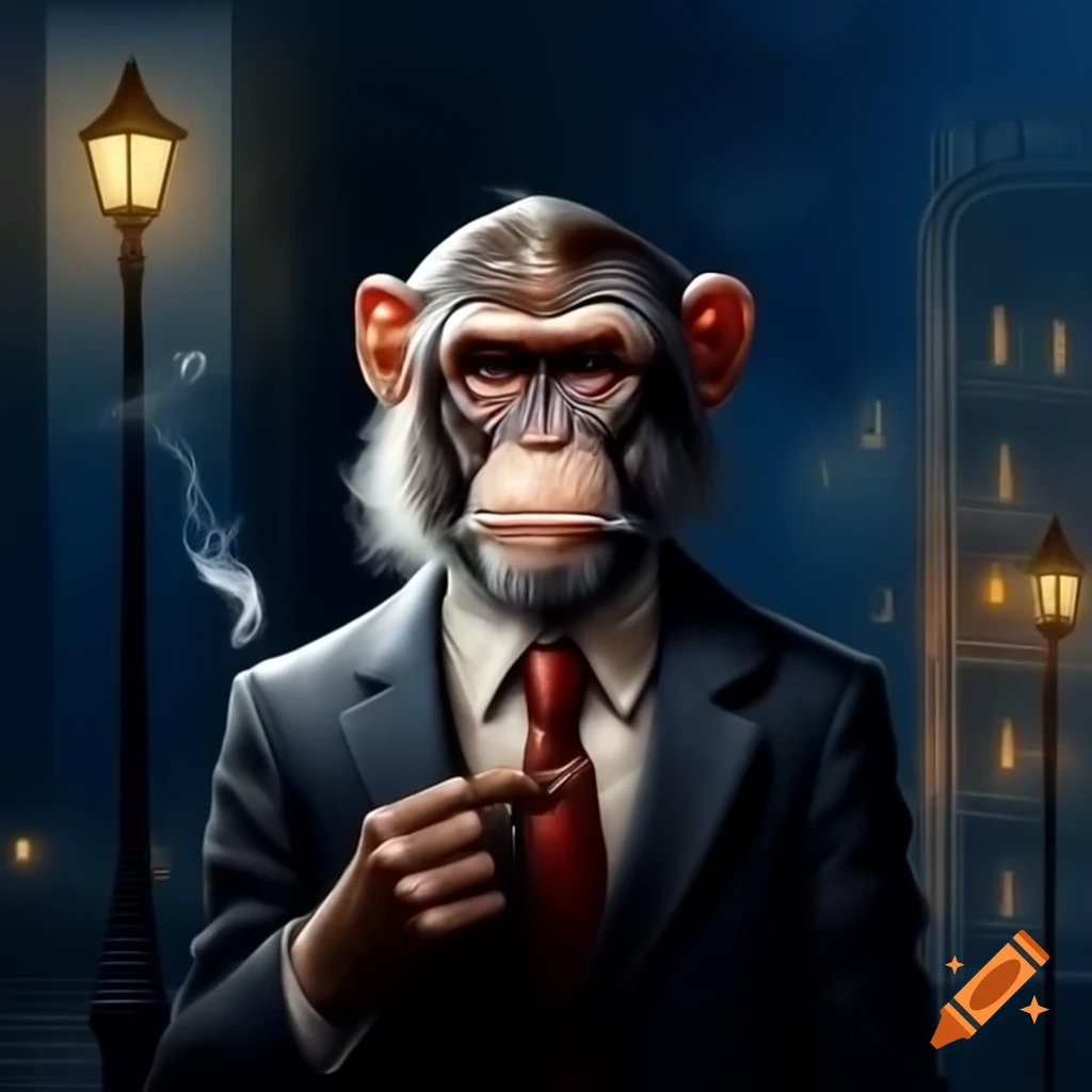 Monkey in a suit smoking while leaning against a building at night