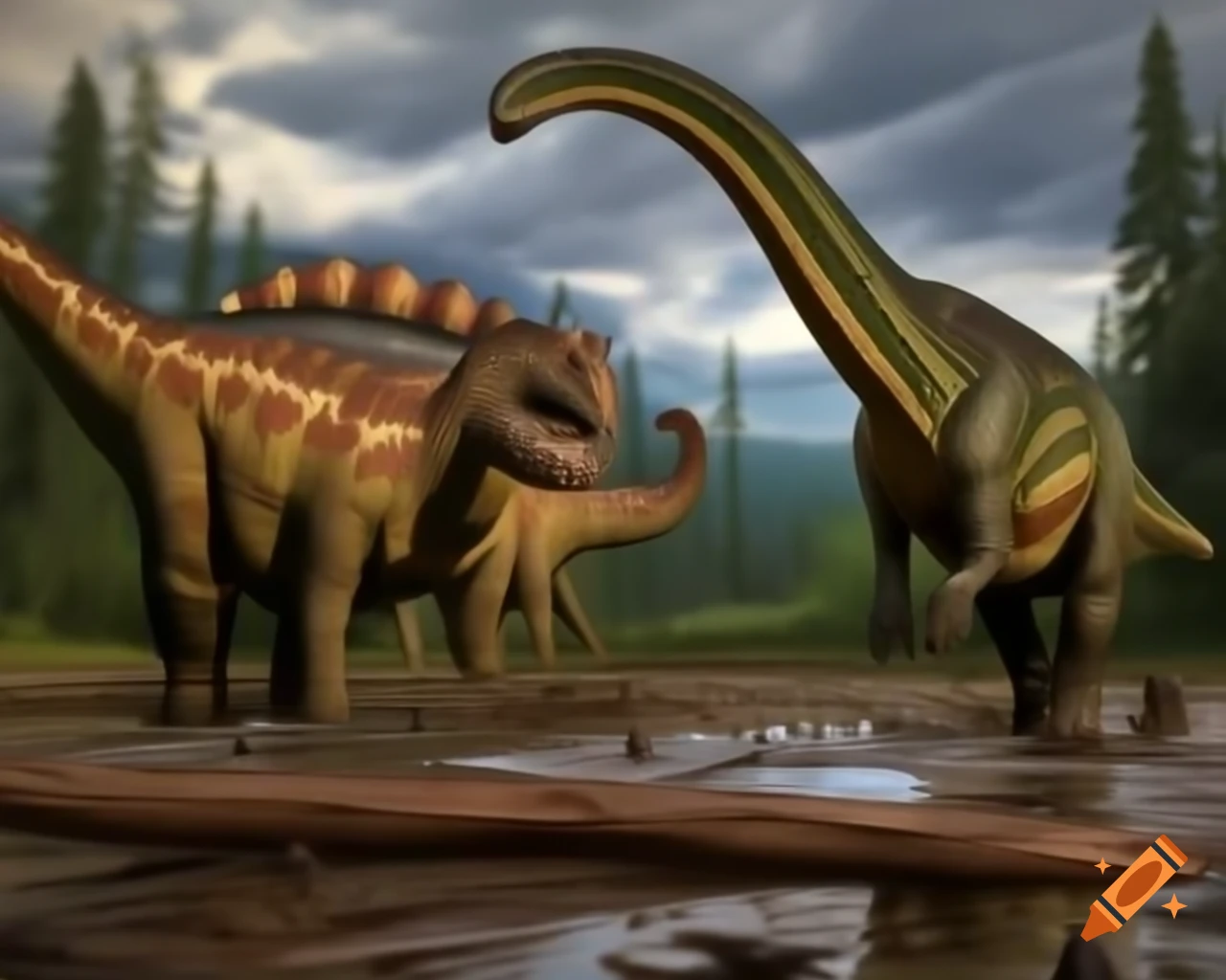 Striped Hadrosaurus group along stream in muddy flat with ferns and driftwood