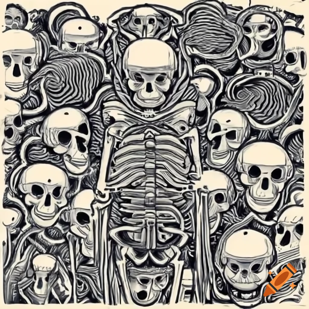 Partially melted human skeleton in Dark Souls style with Junji Ito and H.R. Giger influences