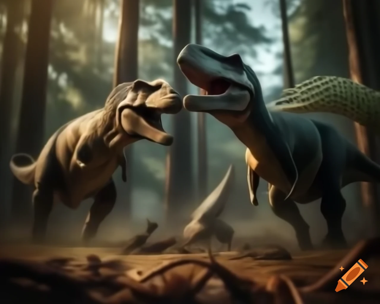 Allosaurus battling over styracosaurus carcass in redwood forest clearing