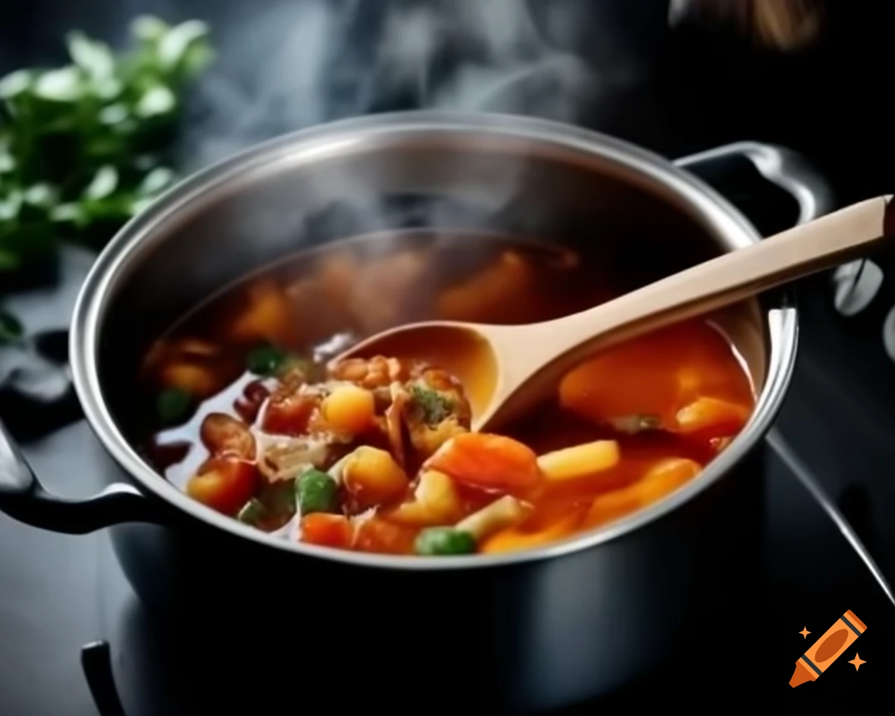Hyper-realistic photography of a stew cooking in a pot with soft lighting