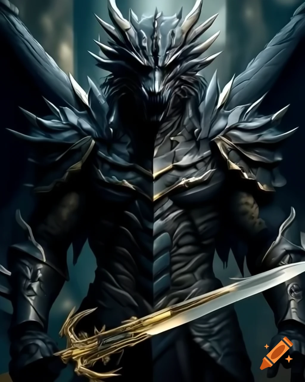 Black dragon in armor wielding a golden blade
