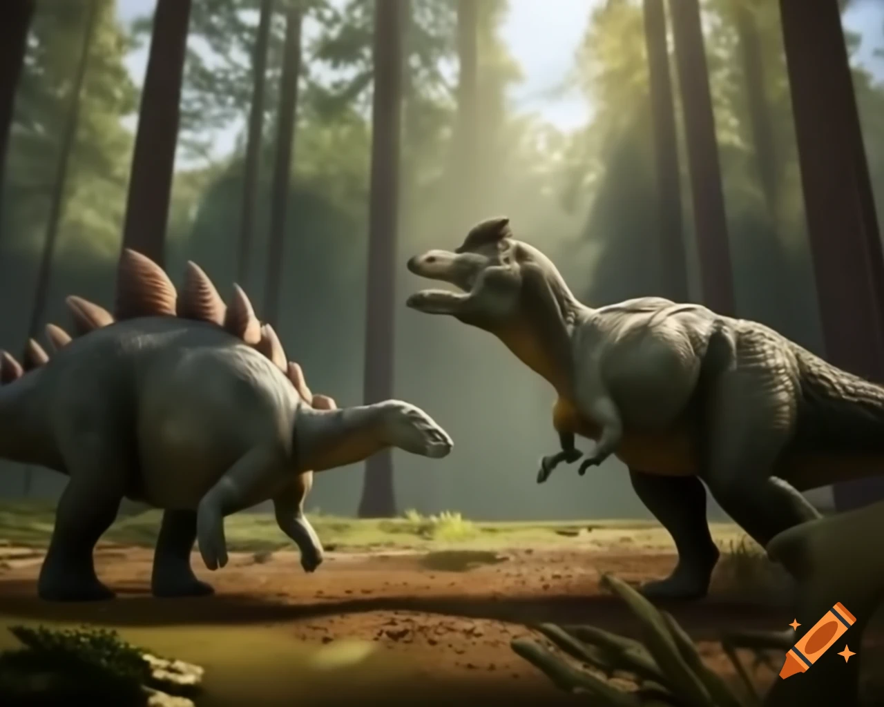 Two Stegosaurus engaged in combat in sunny cedar forest clearing