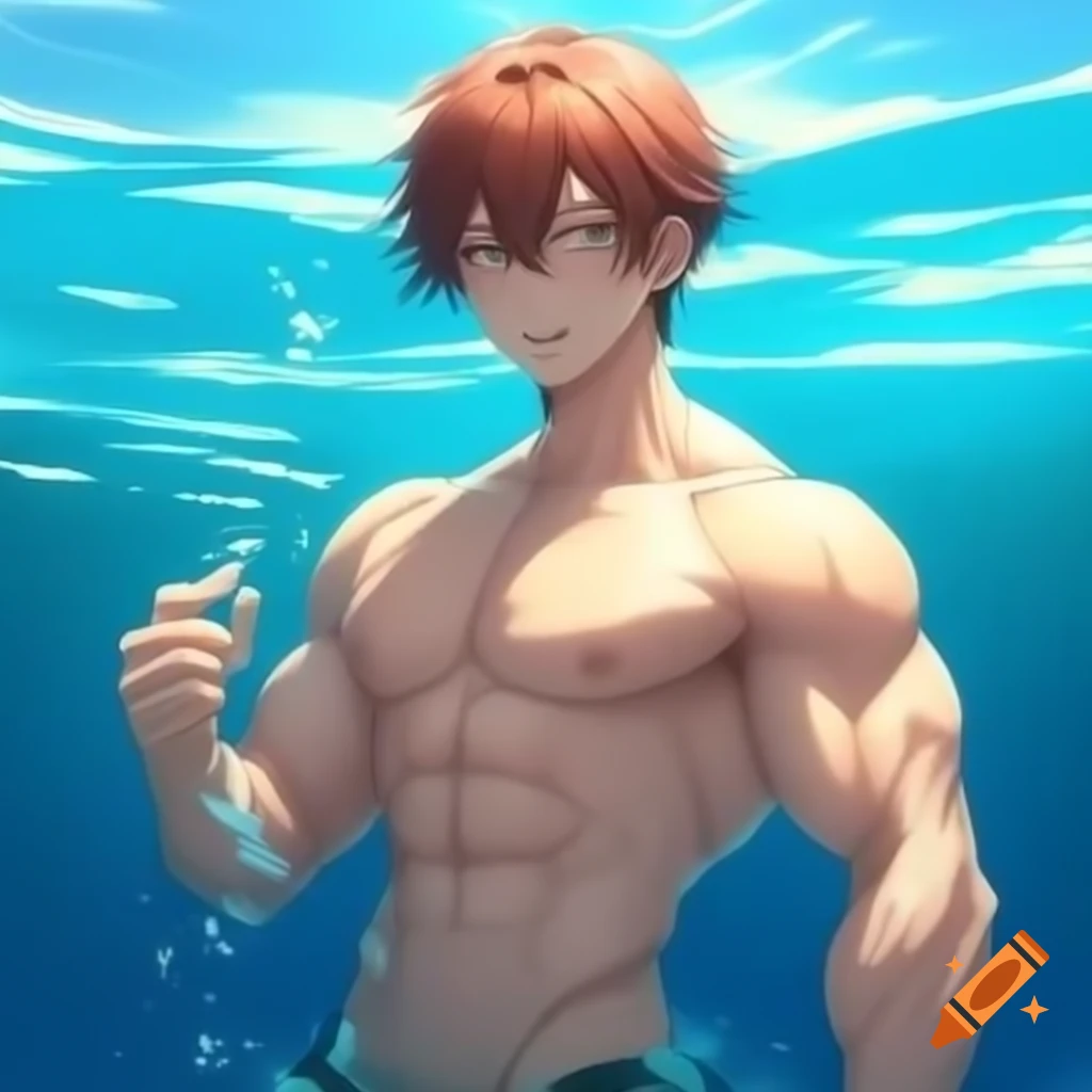 Anime male character holding breath underwater with nervous expression