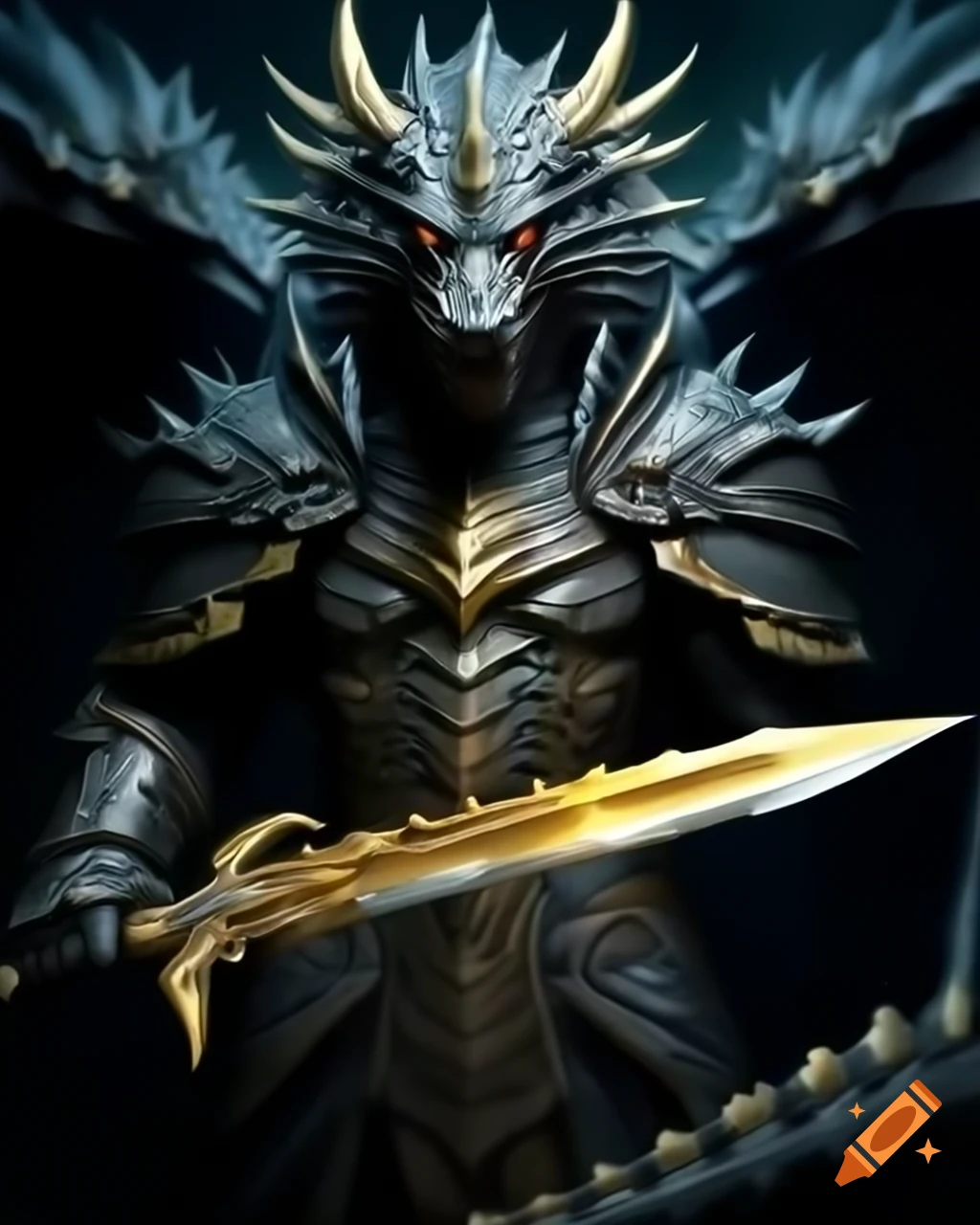 Black dragon in armor wielding a large golden blade