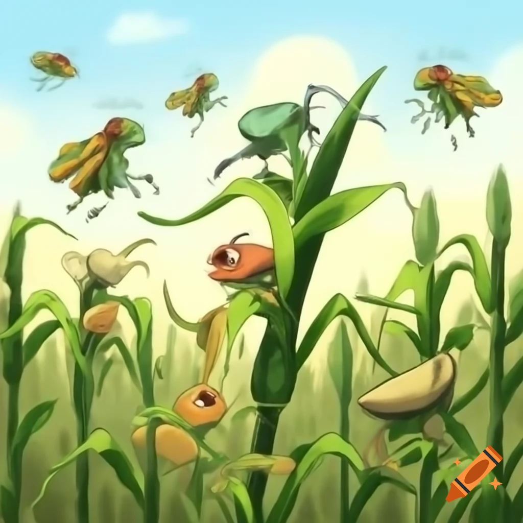 Grasshoppers swarming over a cornfield
