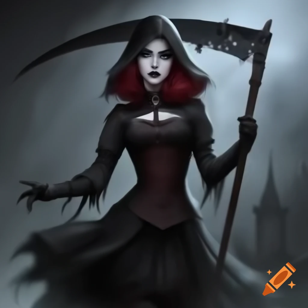 Gothic girl holding scythe with dark attire