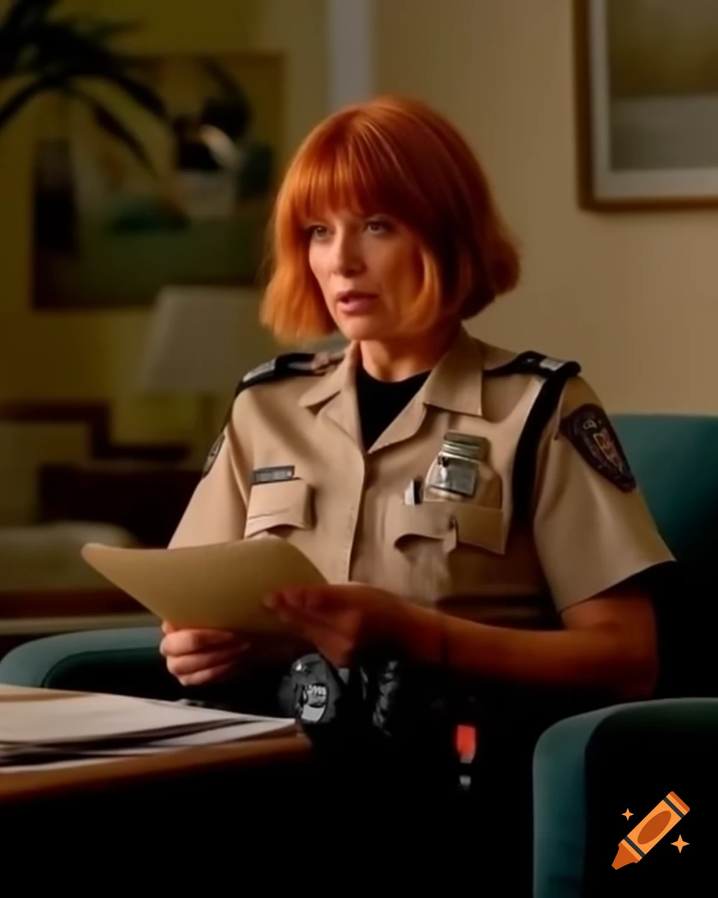 French female police officer taking notes at crime scene in dusty living room, hyper-realistic details